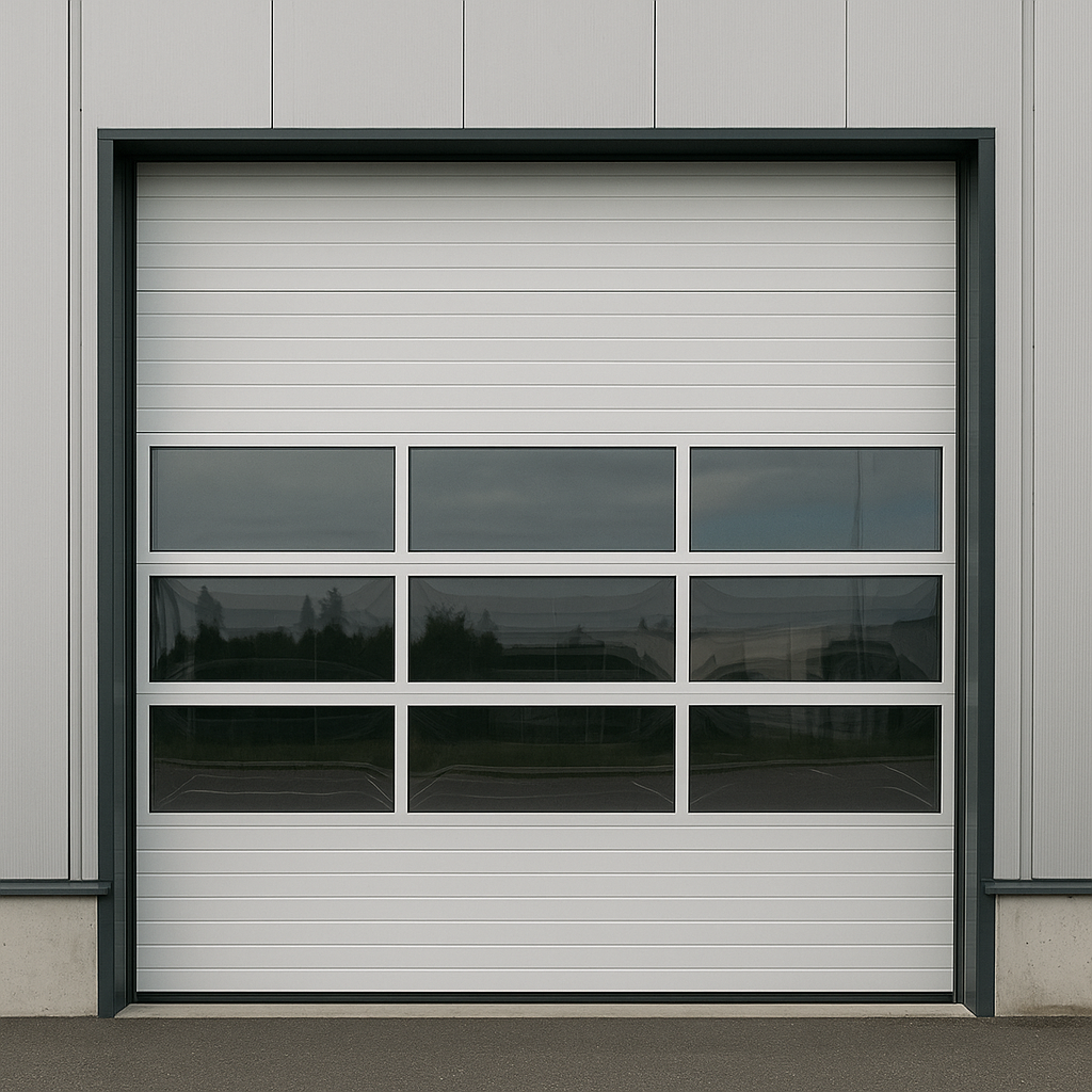 Contemporary Commercial Garage Door Installation Modern commercial garage door with glass panels on an industrial building