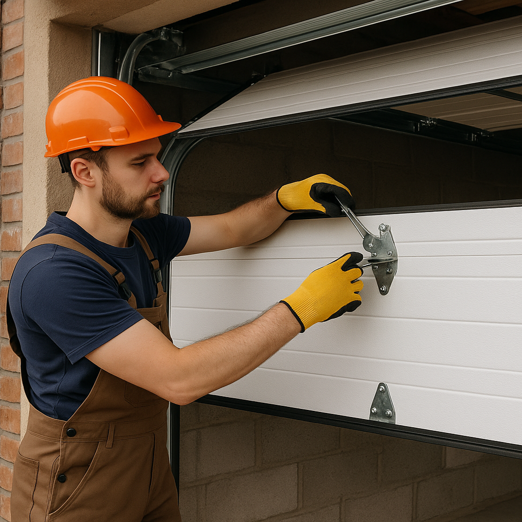 Professional Garage Door Installation in Progress Garage door installer securing a white overhead door with a wrench