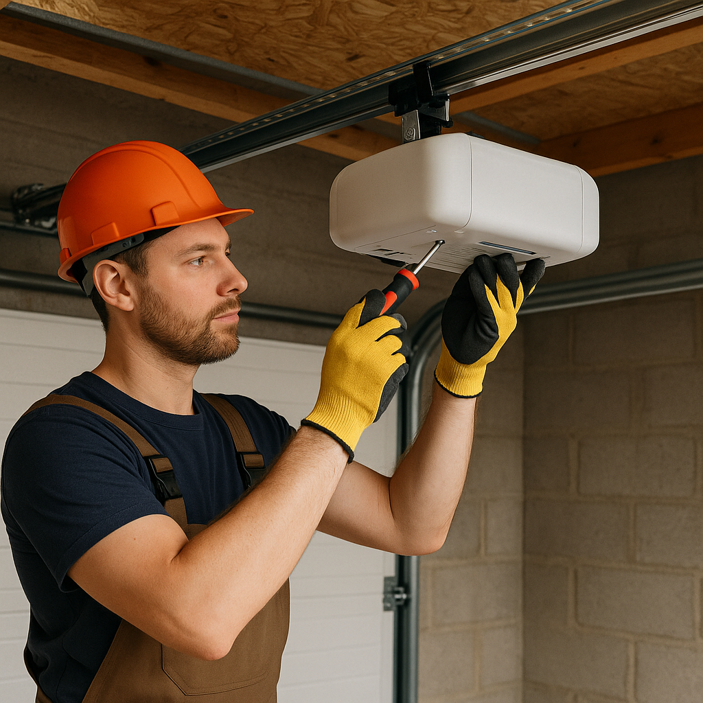 Garage Door Opener Repair and Replacement Technician repairing a garage door opener with a screwdriver