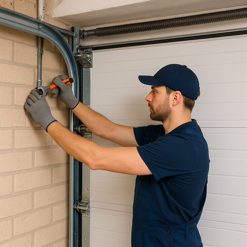 Professional Garage Door Repair Technician at Work Garage door technician adjusting metal track with wrench