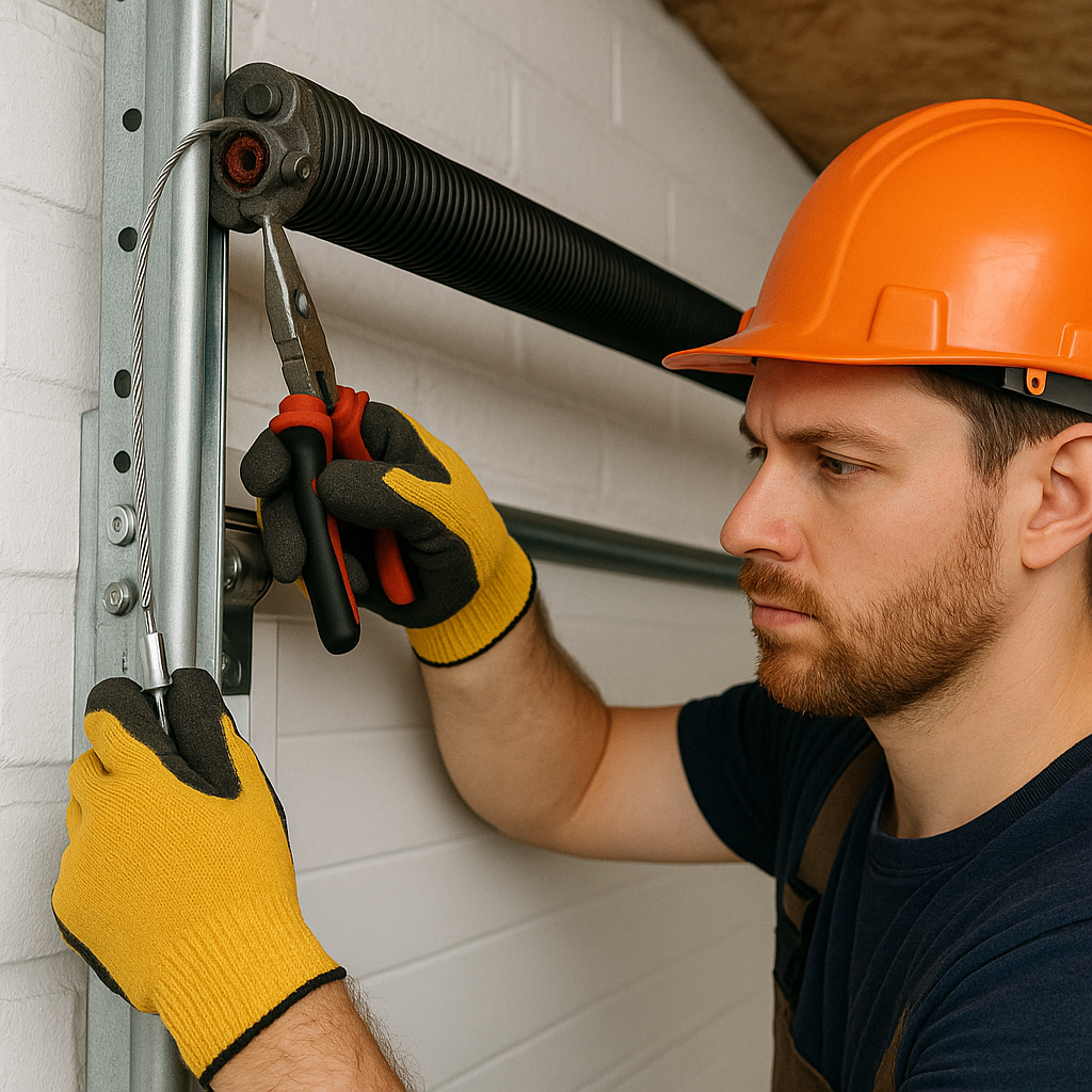 Garage Door Spring and Cable Repair Technician repairing garage door torsion spring and cable with pliers